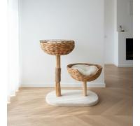 Arbre à chat en forme de tour pour grands chats adultes, arbre à chat en bois véritable avec deux paniers en rotin tissés à la main, niche pour chats d'intérieur, griffoir en sisal, oreillers en