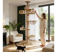 Arbre à chat en panneaux de fibres de densité moyenne, de sol à plafond, structure d'escalade multi-niveaux pour chats avec perchoir rotatif, nid en capsule spatiale, poteau à gratter en corde de jute