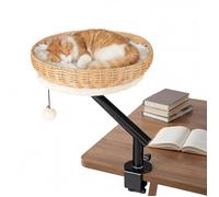 Arbre à Chat en Rotin Cannage COSTWAY de Bureau, Lit Chat Rotatif à 360° sans Perçage, Coussin Amovible Balle Suspendu, Charge 10KG