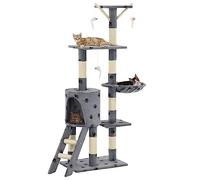 Arbre à chat en sisal - 138 cm - Gris - Avec imprimé pattes - Meubles à gratter en peluche avec grotte - Plateforme d'observation - 3 jouets de souris - Colonne à chat stable - Tour de jeu d'intérieur