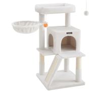 Arbre à Chat - FEANDREA - Grand Plate-forme - Hauteur 96 cm - Blanc crème - Planche à griffer - Niche à 2 portes