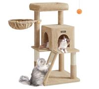Arbre à Chat - Feandrea - Marron Camel - Grande Plate-Forme - Niche à 2 Portes - Pompon de Rechange