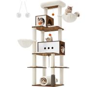 Arbre à chat FEANDREA PCT193X01 Grand 197 cm de haut XXL Maison à chats moderne à plusieurs niveaux avec 2 grottes, 2 lits, 4 poteaux à griffer, brosse à chat, tunnel, plateformes, brun vintage