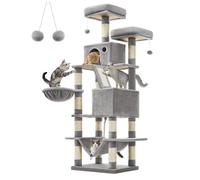 Arbre à Chat Grande Tour de Jeux Hauteur 168 cm avec 13 griffoirs 1 Planche à griffer 2 Plate-Forme 2 niches Panier hamac Pompons Tissu Peluche Multi-Niveaux Gris 12_0003840