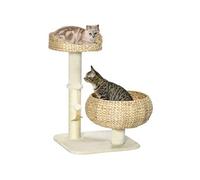 Arbre à chat griffoir 2 niveaux hauteur 72 cm poteau sisal avec niche et plate-forme 1 balle suspendue beige