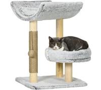 Arbre à chat griffoir chanvre naturel panier plateforme d'observation jeu boule suspendue bois panneaux peluche gris