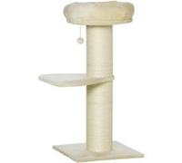 PawHut Arbre à chat griffoir sisal naturel 2 plateformes, panier et boule peluche beige