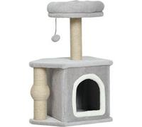 Pawhut Arbre à chat H.66 cm – poteaux à griffer en jute, lit maison, plateforme, balle de jeu – Gris