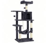 FEANDREA Arbre à Chat Hauteur 143 cm, Tour de Jeux pour Chats, avec 4 Poteaux à Griffer, en Tissu Peluche, Multi-Niveaux, Gris Fumé