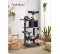 Arbre à Chat Hauteur 137 7 cm avec 4 Poteaux à Griffer 2 Plateformes 1 Niche 1 Hamac 2 Pompons en Tissu Peluche Gris Fumé