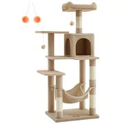 Arbre à Chat Hauteur 143/112 cm, Tour de Jeux pour Chats, avec 4 Poteaux à Griffer, 2 Plateformes, 1 Niche, 1 Hamac, 2 Pompons, en Tissu Peluche, Multi-Niveaux, Marron Camel À propos de cet article[2 