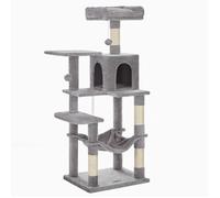 Arbre à Chat Hauteur 143 cm, FEANDREA, avec 4 Poteaux à Griffer, 2 Plateformes, 1 Niche, 1 Hamac, 2 Pompons, Gris Clair