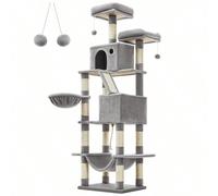 Arbre à Chat, Hauteur 206 cm, avec 13 Griffoirs, 2 Plate-Forme, 2 Niches, Panier, Hamac, Pompon, Tissu Peluche, Multi-Niveaux pour Chat d'Intérieur, Gris Clair [206 cm de haut, des plaisirs sans fin] 