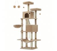 Arbre à Chat, Hauteur 206 cm, avec 13 Griffoirs, 2 Plate-Forme, 2 Niches, Panier, Hamac, Pompon, Tissu Peluche, Multi-Niveaux pour Chat d'Intérieur, Marron Camel [206 cm de haut, des plaisirs sans fin