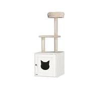 Arbre à chat maison de toilette 2 en 1 - H.129 cm - porte tête de chat - plateforme panier observation - blanc crème