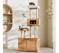 Arbre à chat Merax Grand, 173cm, avec armoire à litière, plate-forme d'observation, gamelle pour chat en acier inoxydable, grotte pour chats et hamac, noyer