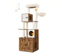 Arbre À Chat Moderne Avec Cache-Litière, Tour De Jeu, Griffoir Avec Maison De Toilette, 180 Cm, Niche, Marron Rustique