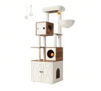 Arbre à Chat Moderne avec Cache-litière, Tour de Jeu, Griffoir avec Maison de Toilette, 180 cm, Niche, Plateforme, Tapis Lavables, Marron Miel et Blanc Rustique À propos de cet article[S'intègre facil