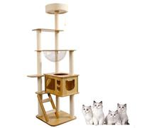 Arbre à chat moderne avec dôme en acrylique, tour à chat en bois à plusieurs niveaux, design sans tapis, grand niche à chat, perchoir rond et poteau à griffer durable pour chats actifs