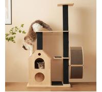 Arbre à chat moderne en bois massif, roue exercice, 4 plateformes, 2 niches, sisal, tapis lavable pour chat noir ARBRE A CHAT