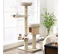 Arbre à chat moderne - Grande tour à chat à plusieurs niveaux avec niche à chat, hamacs et panier suspendu - Grand arbre à chat avec poteaux en sisal, coussins lavables, arbres à chat en bois et tours