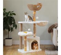 Arbre à chat moderne pour chats d'intérieur, tour à chat en bois massif avec condo de luxe, hamac confortable, poste à gratter, lit à fleurs, jouets pour chat AMT0330WE