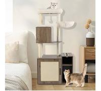 Arbre à Chat Multi-Niveaux 155 cm COSTWAY, Poteau et Tapis à Griffer en Sisal, Mauble Bac à Litière Caché, Balle Suspendue, Gris