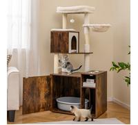 Arbre à Chat Multi-Niveaux 155 cm COSTWAY, Poteau et Tapis à Griffer en Sisal, Mauble Bac à Litière Caché, Balle Suspendue, Marron