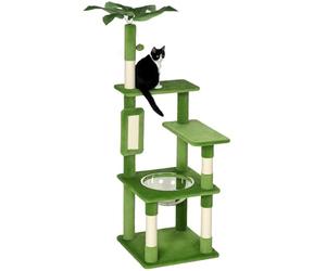 Arbre à Chat Multi-Niveaux avec hamac, Planche à gratter, Boule et Feuilles décoratives, Couverture en Peluche, 49x49x142 cm, Vert, PawHut