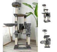 Arbre à Chat Multi-Niveaux, Escalier Multifonctionnel pour Chat, 48x40x135 cm de Hauteur, avec Griffoir en Sisal, Grotte, Hamac et Jouets, Gris