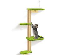 Arbre à chat mural 125 cm, 4 étages, en bois naturel avec peluche verte douce, mur de chat pour l'escalade, les griffes et les jeux