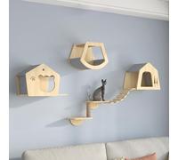 Arbre à chat mural en bois avec pont de maison pour plusieurs chats (couleur 02)