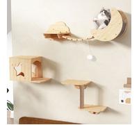Arbre à chat mural - HOLTICO - Arbre à chat mural en bois 5 pièces avec pont suspendu et griffoir - Naturel