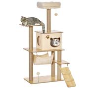 PawHut Arbre à Chat Hauteur 130 cm, Tour de Jeux pour Chat, platesformes, Niche, lit, hamac, échelle et 2 balles en Peluche, griffoirs en Jute, plusieux Niveaux, Jaune