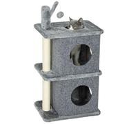 PawHut Arbre à chat à 3 niveaux hauteur 80 cm, tonneau à gratter pour chats avec 2 niches et surface de repos confortable, balle amovible, poteau en sisal et peluche douce, pour animal 5 kg gris foncé