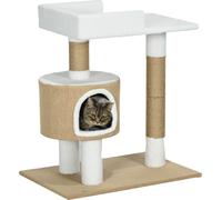 Arbre à chat PawHut 79 cm Petit arbre à chat avec niche pour chat, arbre à chat avec surface de repos, arbre à grimper en jute pour chats jusqu'à 8 kg, meuble pour chats, brun, blanc, imitation cachem