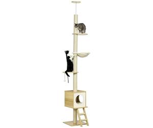 Arbre à chat PawHut, arbre à chat hauteur plafond, 240-260 cm, arbre à grimper avec maison pour chats, poteaux en corde de jute, hamac, échelle pour chats, balle de jeu, arbre à chats, meuble pour