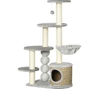 Arbre à chat PawHut, hauteur 115,5 cm, arbre à chat avec grotte pour chats, arbre à grimper avec hamac, balle de jeu et poteau en jute, maison pour chats, meuble pour chats, gris clair