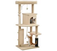 PawHut Arbre à Chat, Tour de Jeux pour Chats, Hauteur de 132 cm, avec Tapis griffoir, lit, Maison, Plateformes, Brosse de toilettage, balles de Jeu, Beige