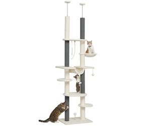 Arbre à Chat PawHut Hauteur de Plafond, Arbre à Chat avec Hamacs, Griffoirs, Panier, Balle de Jeu, Meuble pour Chats avec Protection Anti-basculement, Blanc