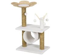 PawHut Arbre à Chat griffoir sisal Naturel Tunnel Plateforme Style Cosy Chic quenouille Peluche Polyester 56 x 40 x 91cm Beige
