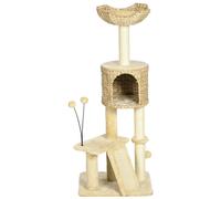 PawHut Arbre à Chat avec griffoir, Arbre à Grimper pour Chat, Hauteur 116 cm, Niche, Panier, Plateformes, Pompons, Tour de Jeux pour Chat, en Peluche et Jacinthe d'eau, Beige