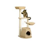 Arbre à chat style cosy chic griffoirs sisal naturel niche 2 paniers avec coussins plateforme 2 boules suspendues quenouille peluche courte crème beige