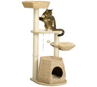 Arbre à chat style cosy chic griffoirs sisal naturel niche 2 paniers avec coussins plateforme 2 boules suspendues quenouille peluche courte crème beige