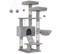 Arbre à Chat, Tour de Jeux 142 cm, Gris Clair Par où commencer ? 2 plate-formes en haut, 1 niche avec une marche, 1 hamac, 1 pompon... tant de plaisir attendent votre chat ! Peu importe par où il comm