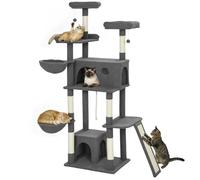 PawHut Arbre à Chat avec griffoir, Hauteur 174 cm, en Tissu Peluche Type Teddy, Tour de Jeux pour Chat, 3 Lits, 2 niches, Plateformes et 3 Jouets Suspendus, Plusieurs Niveaux, Gris