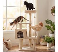 Arbre à chat tour intérieur beige avec panier hamac griffoir et jouet pour petit félin