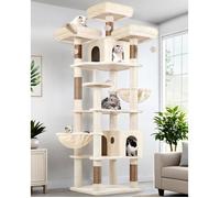 Arbre à chat XXL - LEVYS - 209 cm de hauteur - 3 perchoirs rembourrés - 2 niches - Grande plateforme 55x45 cm