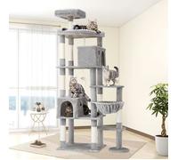 Arbre à chat XXL - LEVYS - 213 cm de hauteur - 2 niches 45x30x30 cm - Plateforme 55x45 cm - Gris clair