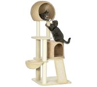 PawHut Arbre à chats Style Cosy Chic griffoir sisal 2 niches hamac jacinthe d'eau 60x60x150 cm Beige
